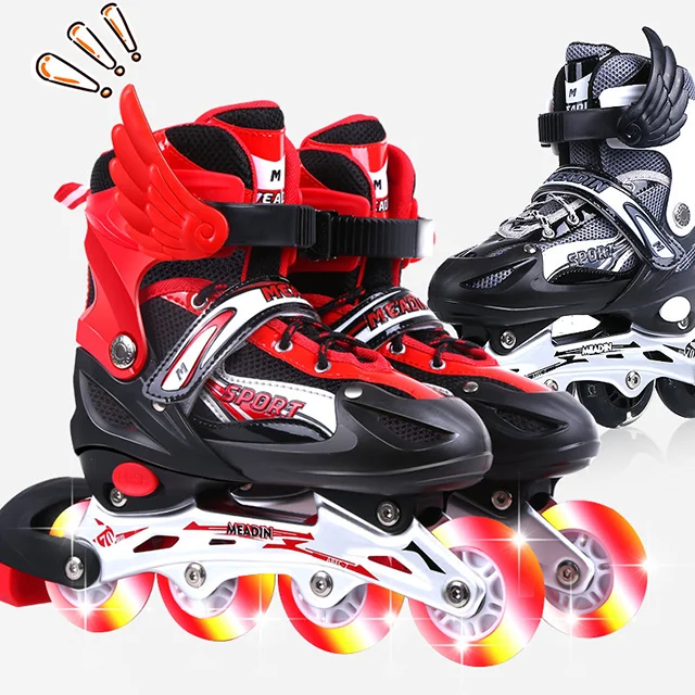 Children skates beginner adjustable PVC wheels green pink red color inline roller skates shoes