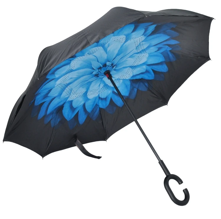 Custom Inverse Car Umbrella with Logo Double Layer Inside Out C Shape Handle Design Inverted Reverse Rain Umbrella