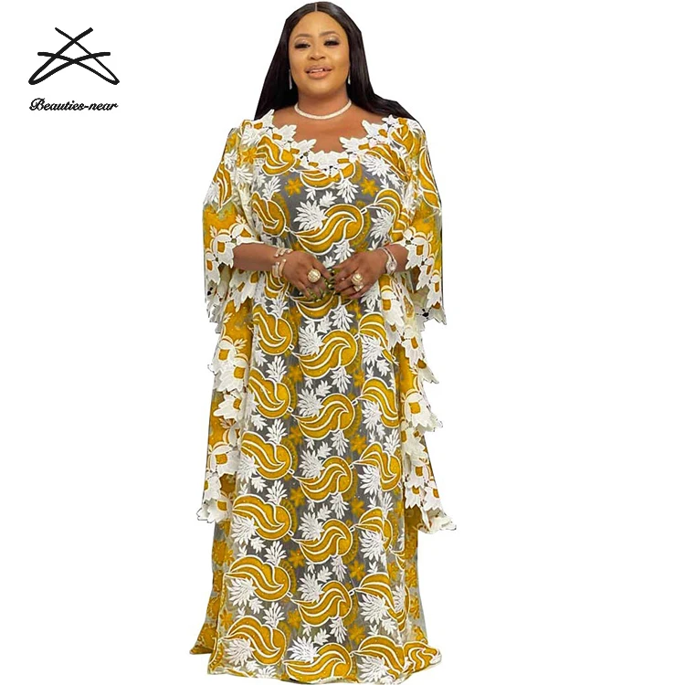 2021 New African Lace Loose Plus Size Dresses For Women Ankara Muslim Embroidery Wedding Party Maxi Kaftan Abaya Dress