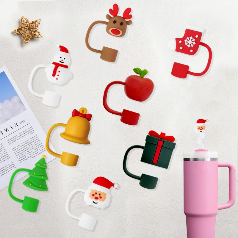 Silicone Christmas Cute Covers Caps for Tumblers,  Dustproof Straw Toppers for 10mm 0.4in straws Topper Accessories, Straw Tips