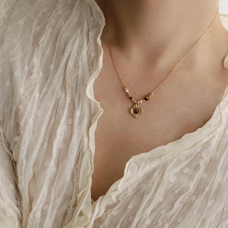 Caramel Brown Antique jewelry natural stone Tiger Eye beaded thin chain necklace 18k gold tarnish free stainless steel necklace