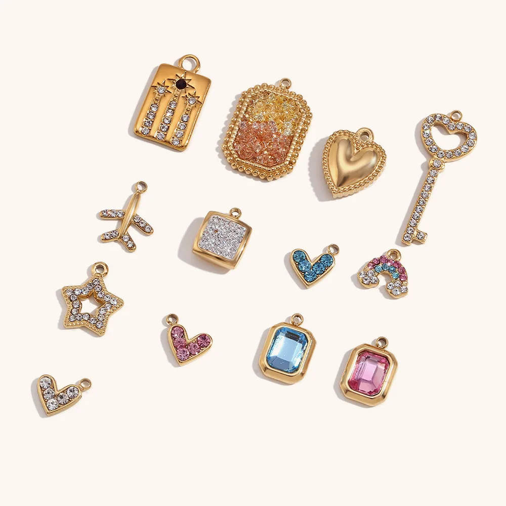 Bestone Shining 18K Gold Plated Colored Zircon Charm Heart Rainbow Stainless Steel Charms Accessories