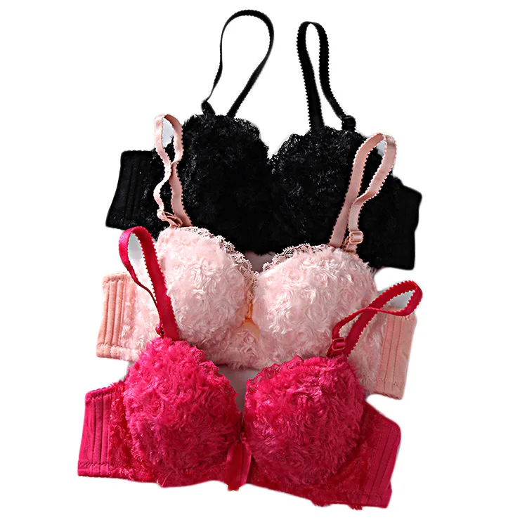 
Sexy Rose Plush Girl No Steel Ring Bow Tie Lace Bra Panty Set Woman Underwear 