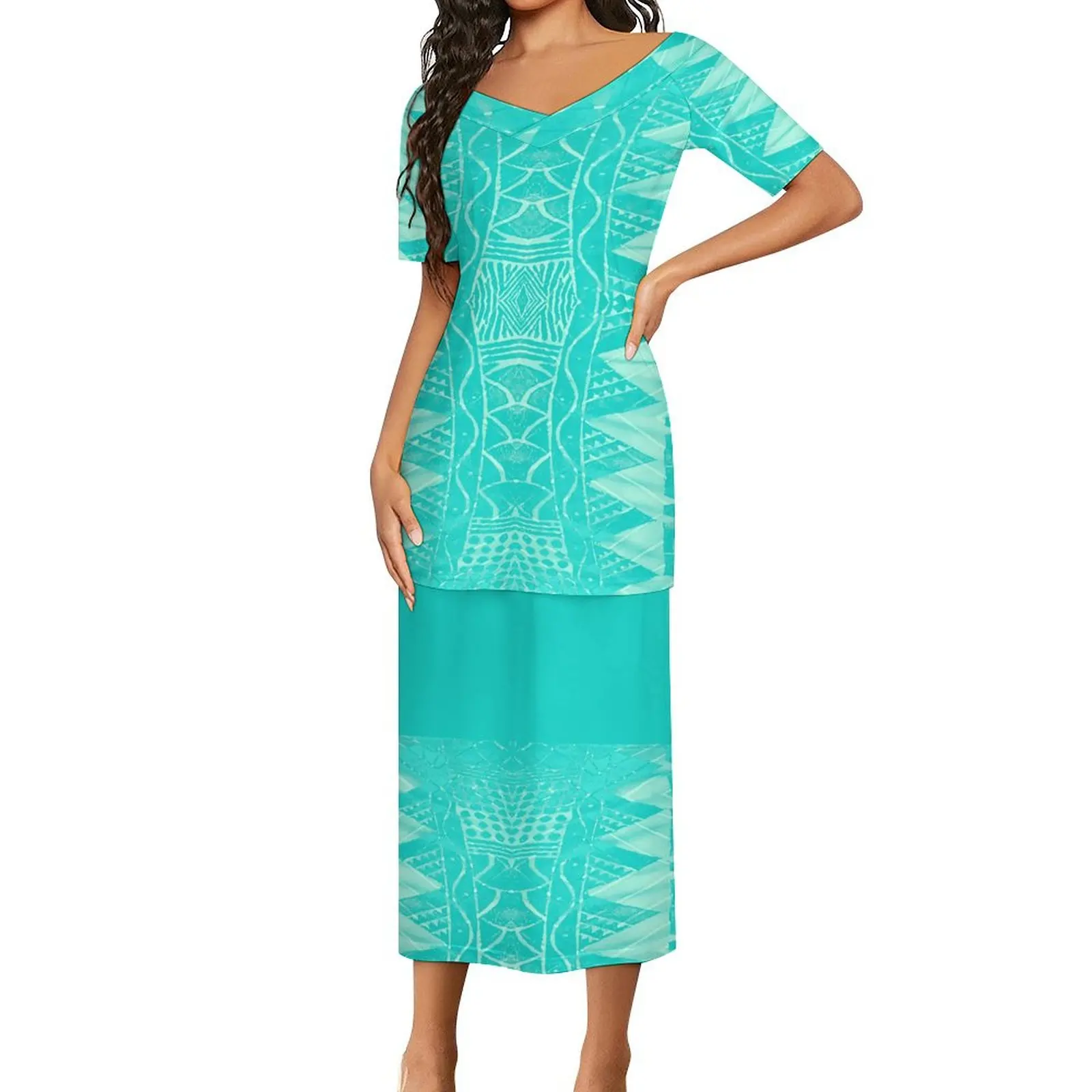 1MOQ Drop Shipping Polynesian Elei Tribal Design Custom Trendy Casual V-neck Short-Sleeved Suit For Women 2 Piece Set Puletasi