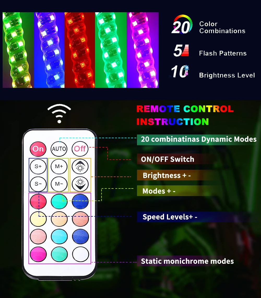 Super Brightest 5Ft 4Ft Dancing Chasing Led Light Whip Rf Wireless Remote App Control Car Lights For Atv Utv Rzr Truck