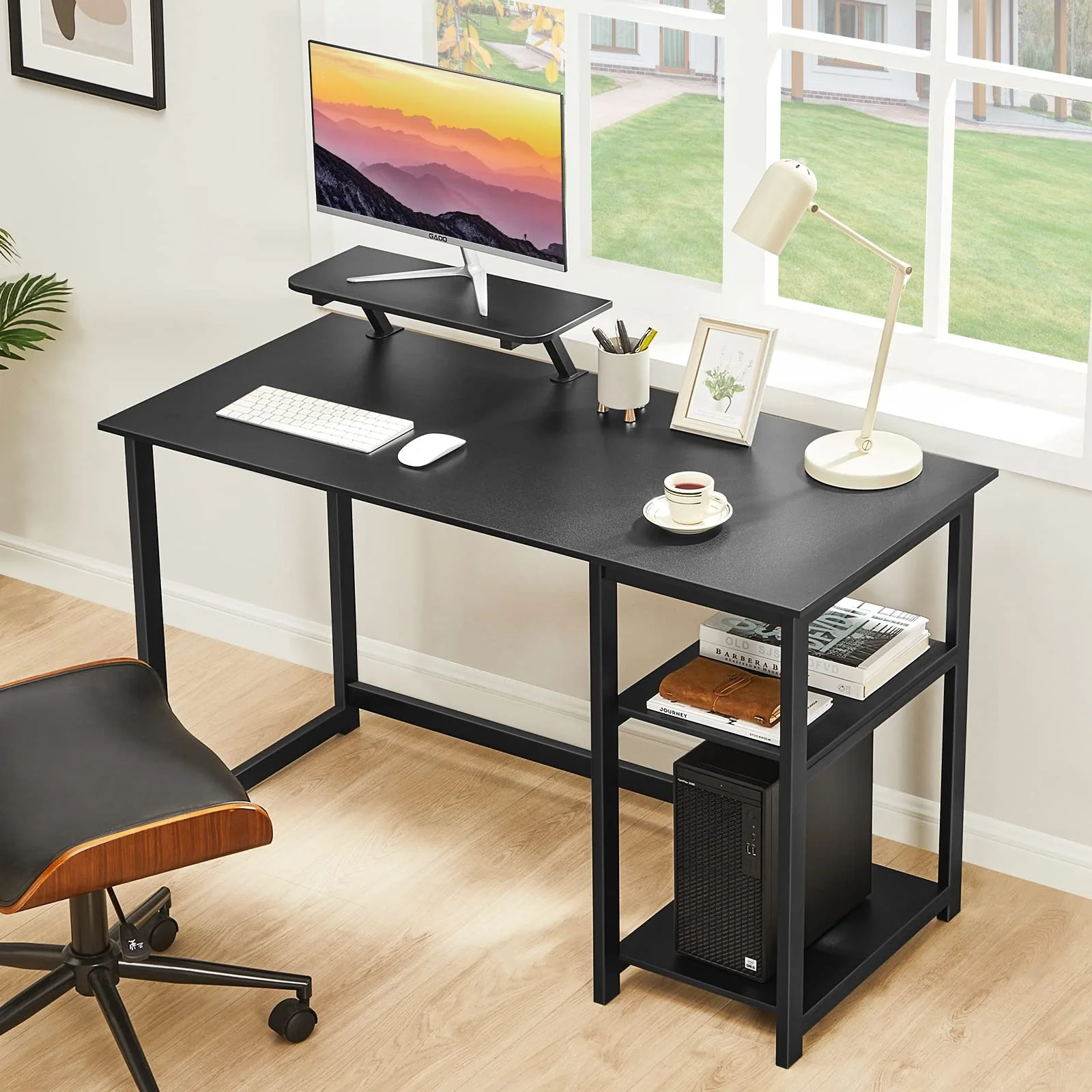 computer desk with monitor stand 47 inch home office desk with reversible storage shelves for home office