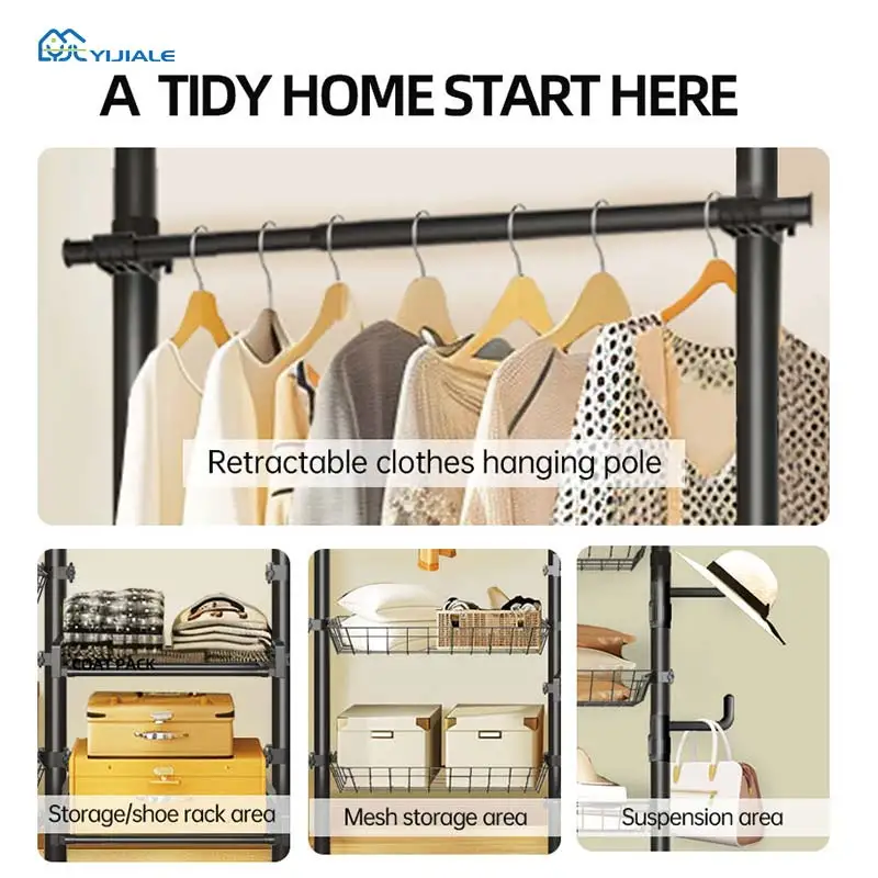 Black Free Standing Hanging Bag Hat Jacket Umbrella Multifunctional Coat Rack Stand Metal Clothes Hanger Stand