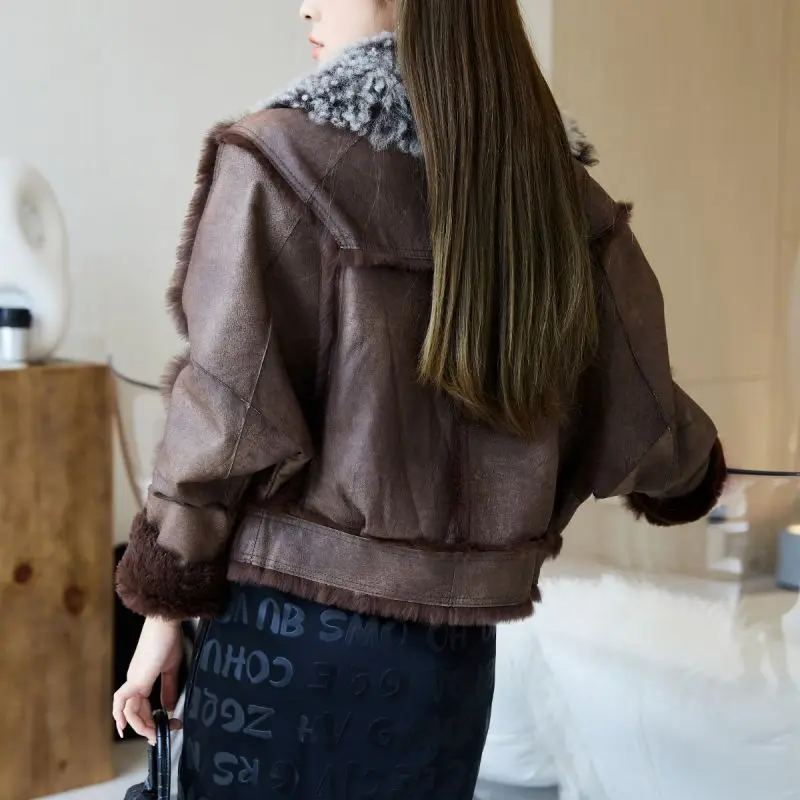 Plus Size Winter Real Fur Leather coat Warm woman leather coat blazer natural fox fur coat and real sheepskin woman fur jacket