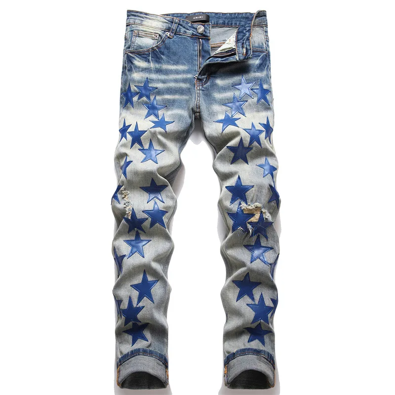 Design Streetwear Men Stars Patches Stretch Denim Jeans Tie Dye  Patchwork Pants Ripped Distressed Slim Straight Trousers