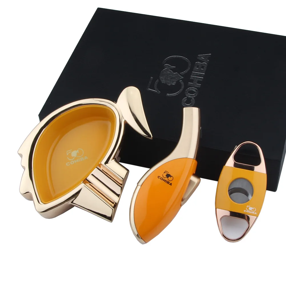 Cigar Ashtray Cutter Lighter Windproof Torch Jet Flame Cigar Accessories set Butane Gas Gift Box