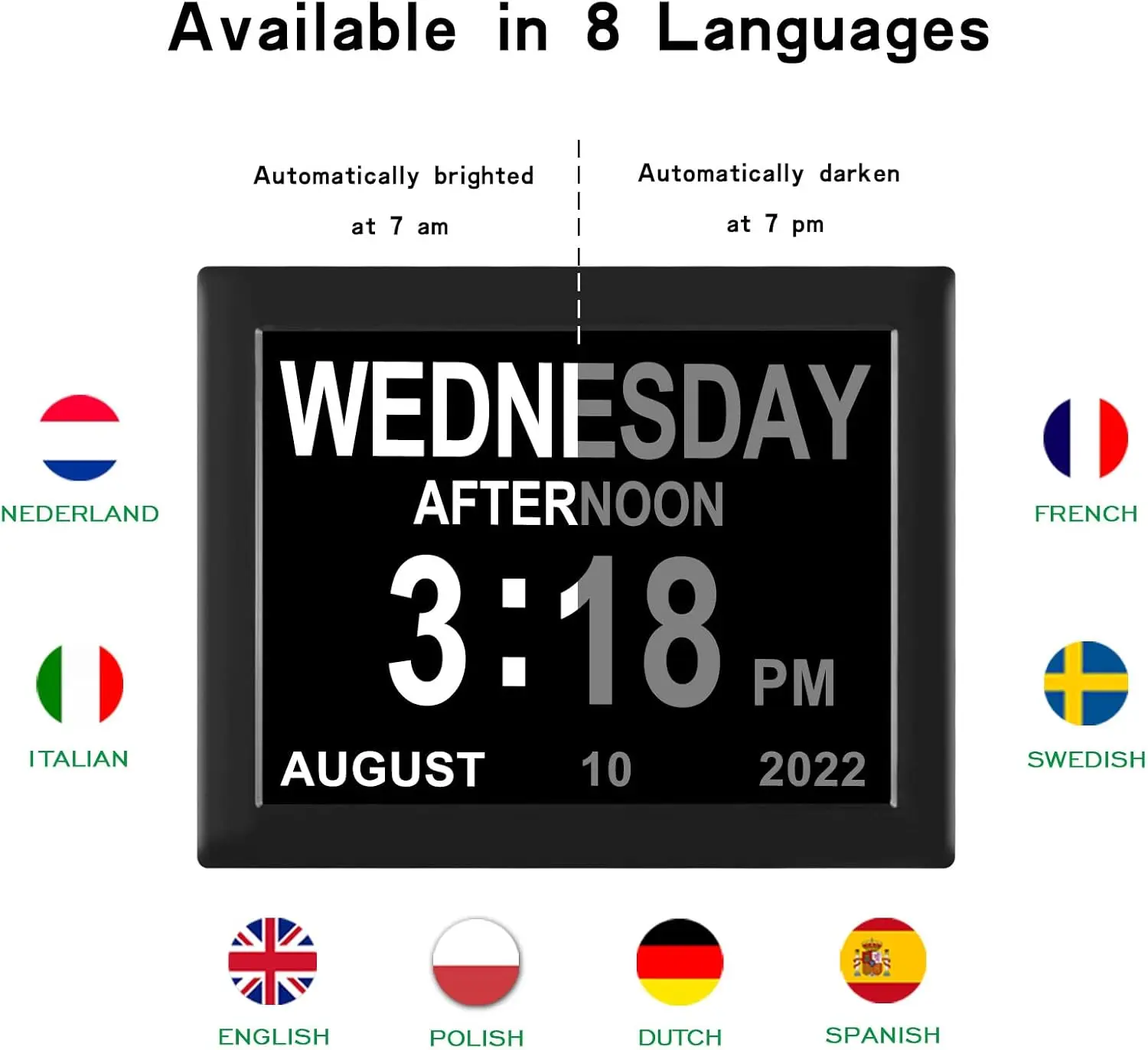 Digital Calendar Clock Date and Time Day of The WeekAuto Dimming for Seniors Dementia Elderly Patients