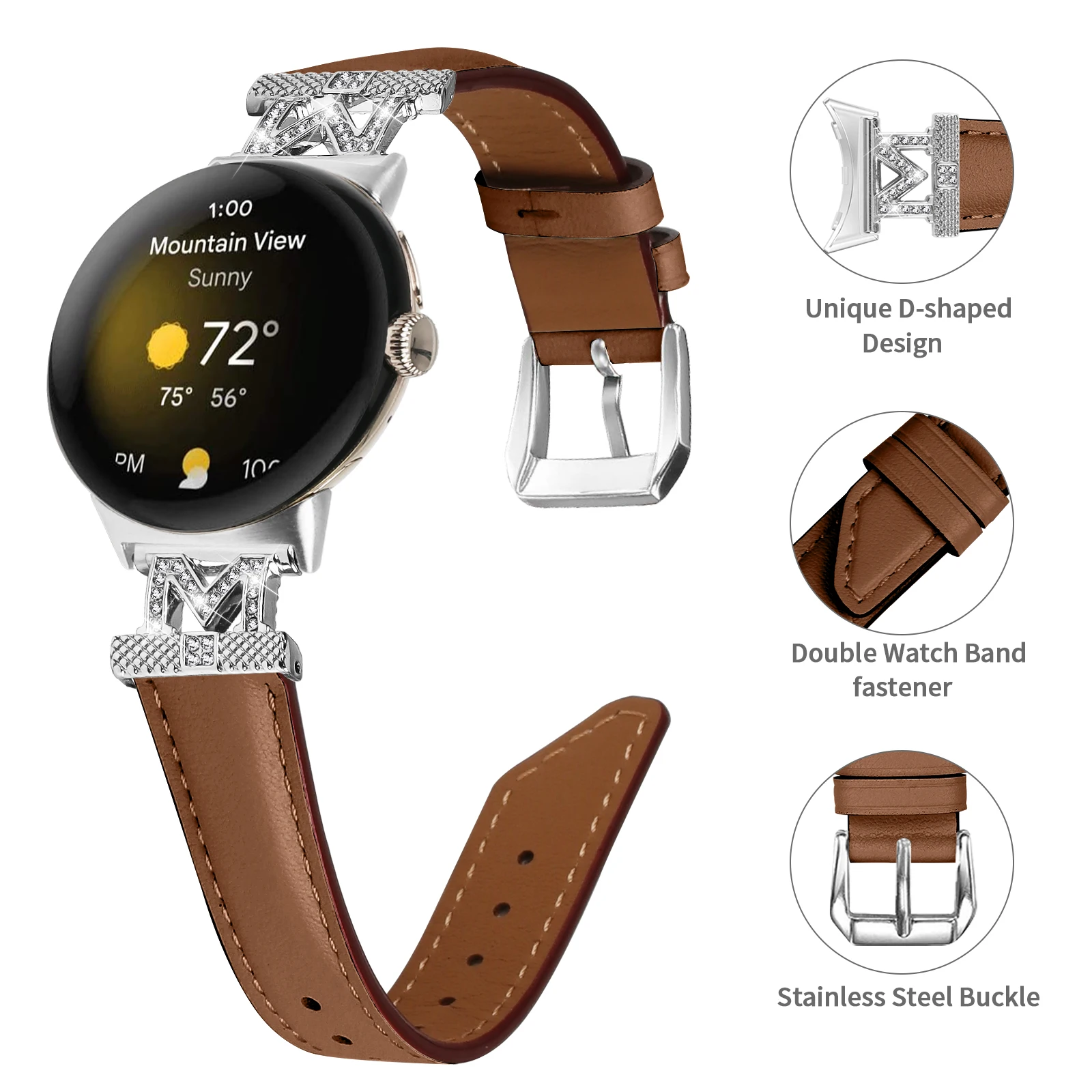 Luxury Straps for Google pixel watch M type sword tail twill Genuine Leather with Diamond Crown strap universal smart watch Band