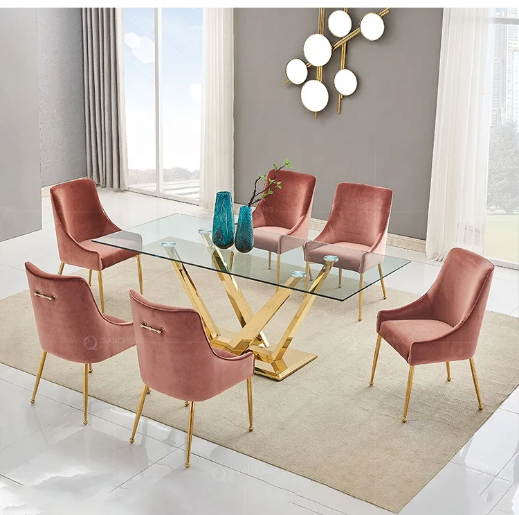 Modern simple design glass dining table with gold steel legs 8 seaters dining furniture dining table