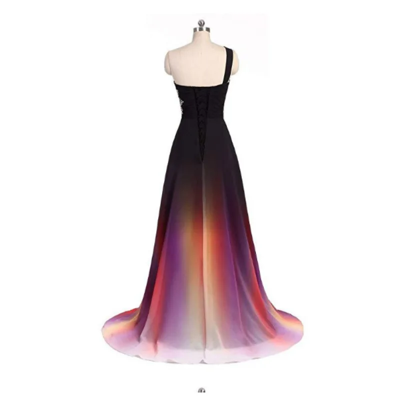 Hot Sale One Shoulder New Fashion Slim Color Gradient Long Prom Ball Gown Evening Dress