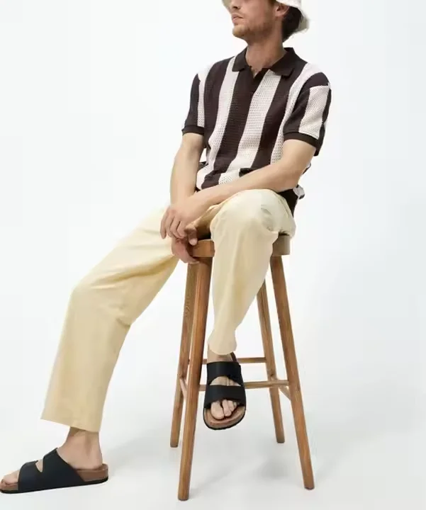 OEM Manufacturer Custom Striped Loose Mesh Jacquard Cutout Crochet Sweater Pullover Short Sleeve  Knit Crochet Shirt Men