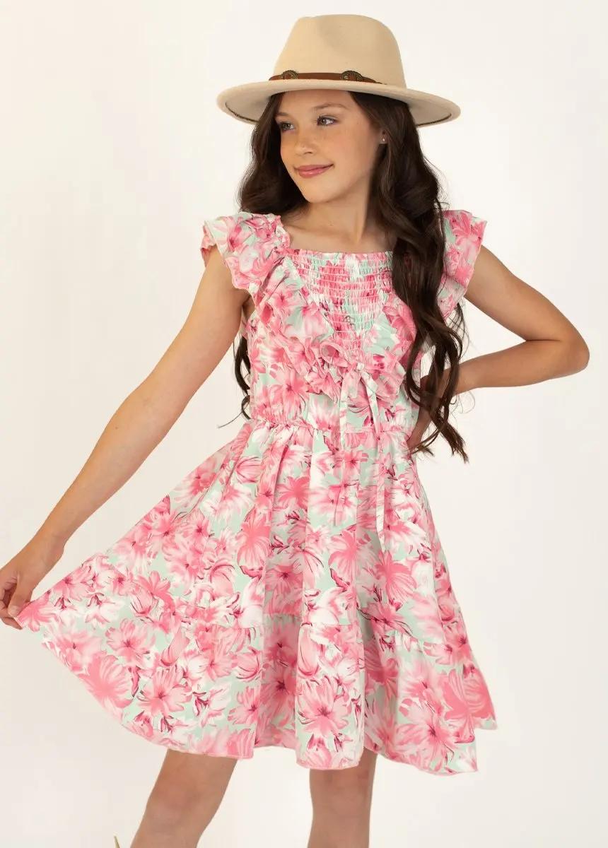 Custom Wholesale Big Kids Wear Vendor Designers Summer Children Girl Clothing Kids Clothes Flower Girls Dress With Floral Print