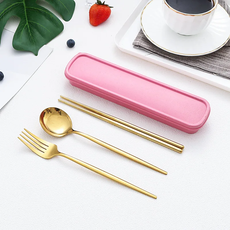 Korean Style Reusable Gold Cutlery Set besteck Color Handle Portable cutlery Travel Camping set spoon fork chopstick set
