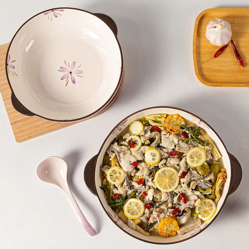 Purple Tableware Household Good-looking Ceramic Noddle Large Capacity Binaural Soup Bowl Boiled Fish with Pickled Cabbage