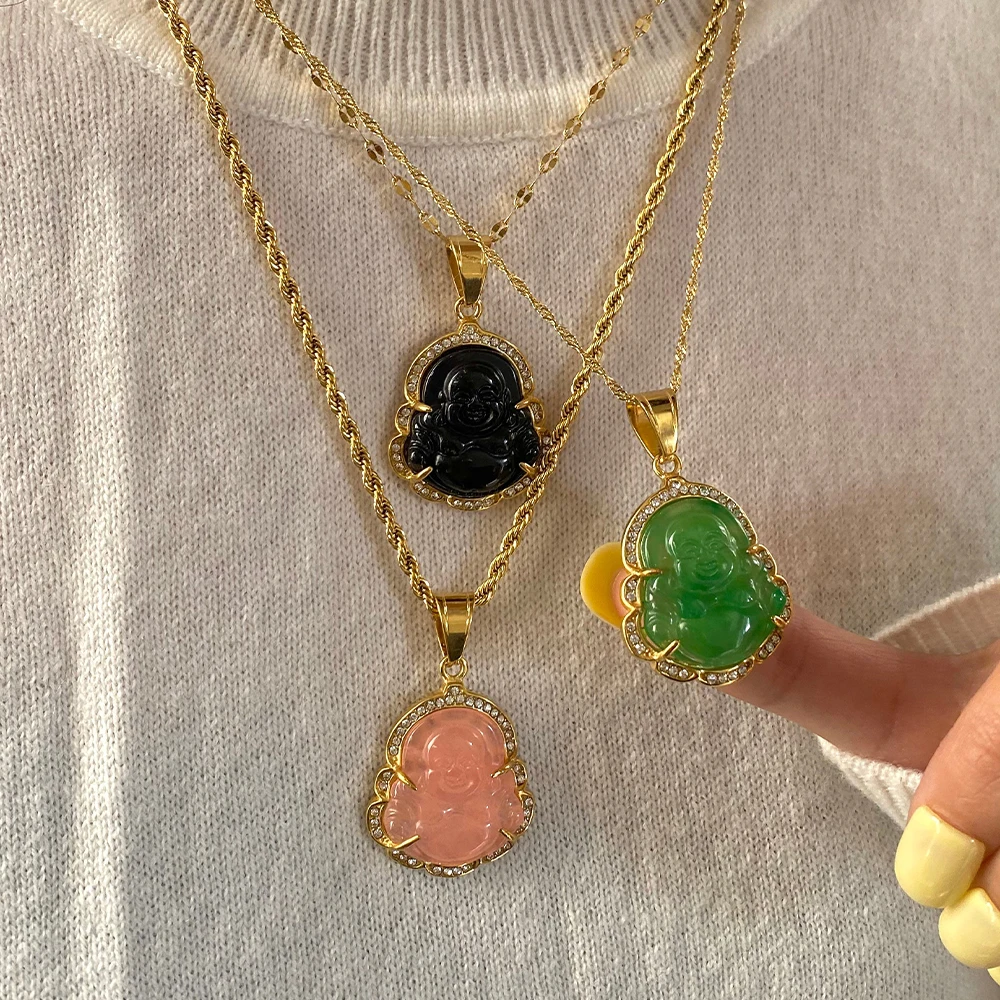 Ожерелье из нержавеющей стали и нефрита в форме Будды ювелирное изделие с подвеской кошачий глаз смеющееся ожерелье кулоном счастливого 18 карат золота
