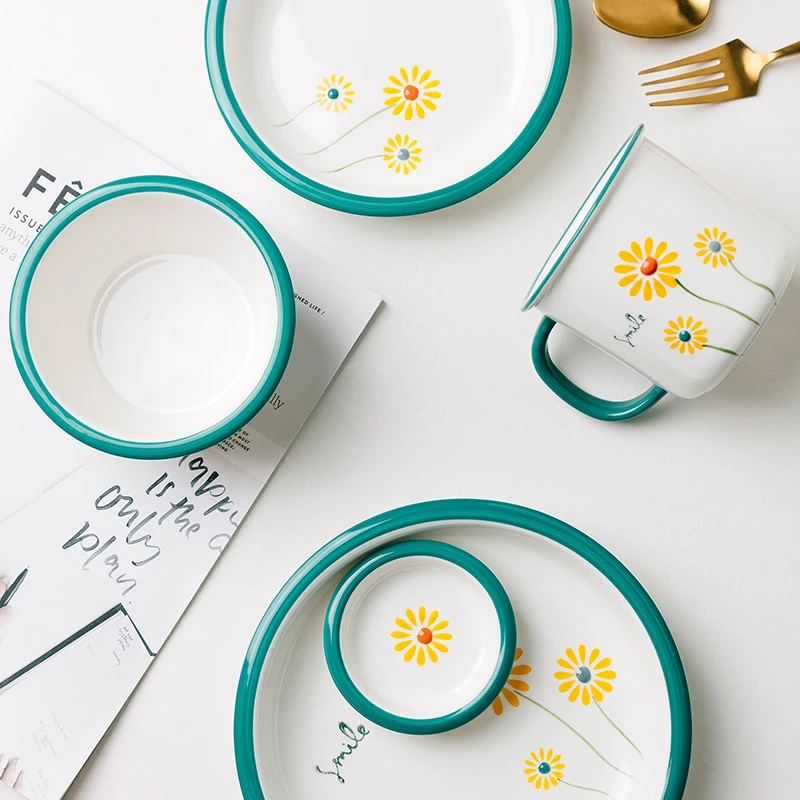 Jade-cer  ceramic Japanese Little Daisy design thick blue border soup rice salad bowls deep plates mug tablewares