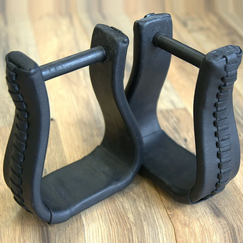 
Aluminum Barrel Racing Stirrups Leather Tread with Stitched on Rubber Pad Blue Western Stirrups 