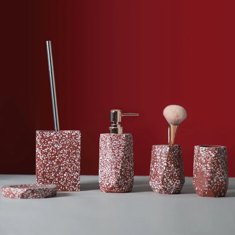 Delicate matte hotel decorative terrazzo toothbrush holder soap dispensers modern luxury bathroom set for home decor