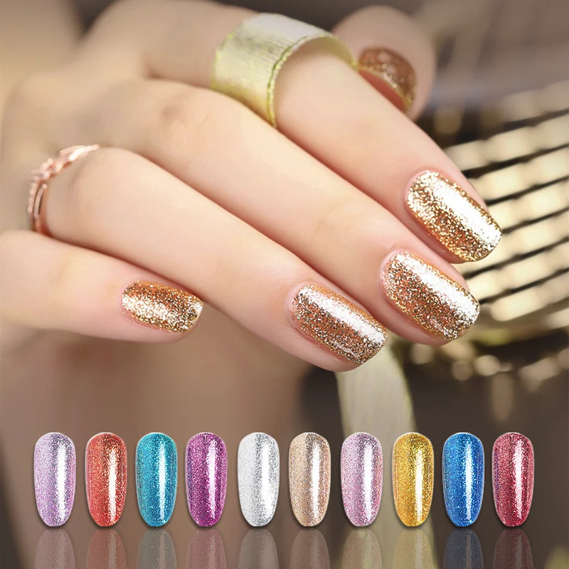 Factory supply manicure products oem lasting shine no yellowing glitter powder gel soak off color platinum UV gel nail polish