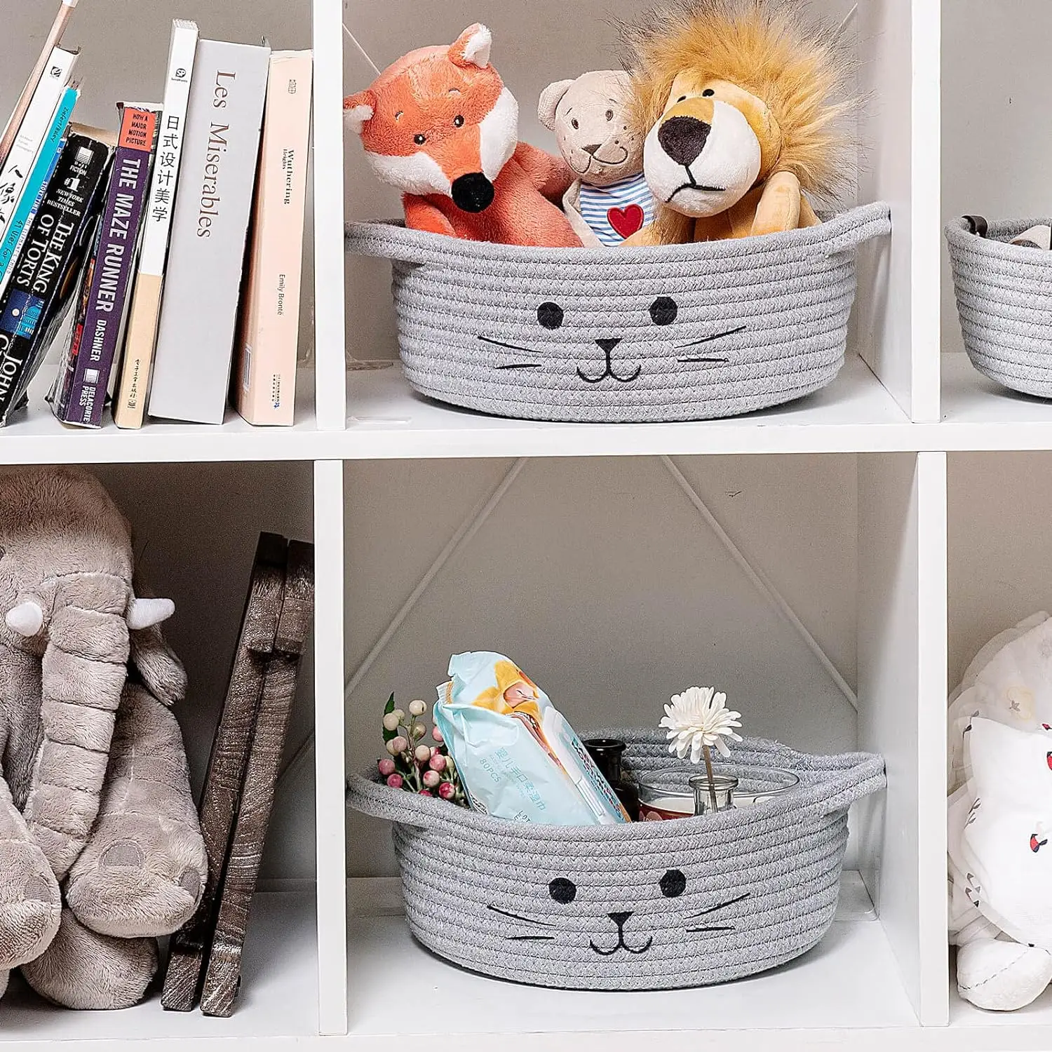 Small Round Decorative Nursery Diapers Empty Baby Gift Cute Dog Toy Woven Rope Basket for Living Room