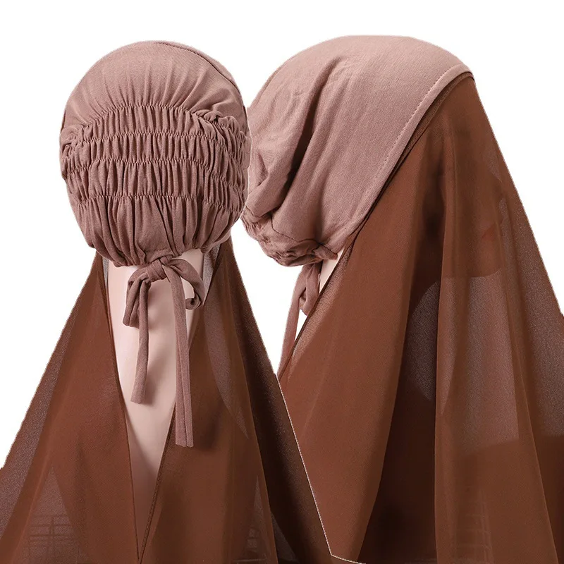 wholesale New Baotou Set Scarf Pearl Chiffon Scarf with Elastic Convenient Hat