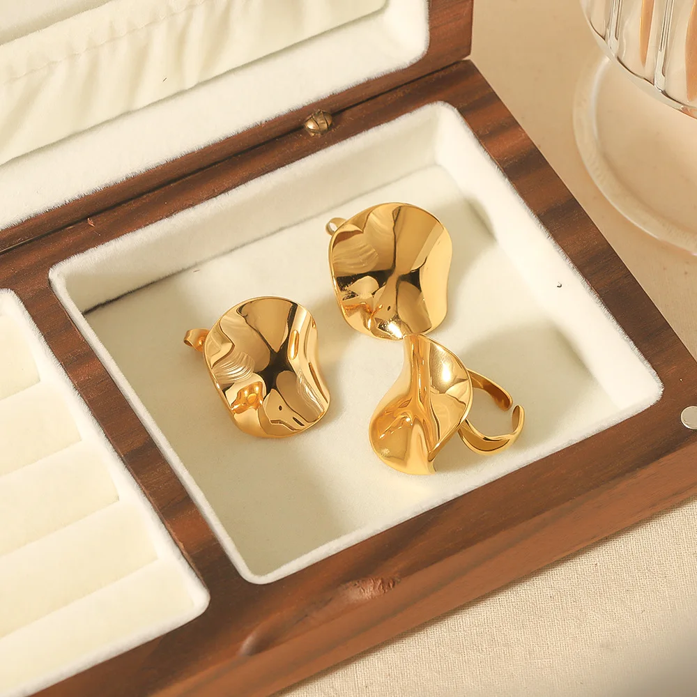 Vintage Irregular Shape Textured Stud Earrings Ring Exaggerated Jewelry 18k Pvd Gold Plated Stainless Steel Fashion Jewelry Sets