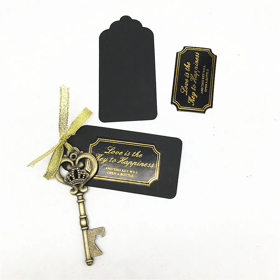 50pcs Metal Skeleton crown Key Bottle Opener with Tag Chalkboard Gold Ribbon Sticker Wedding Favor gifts souvenirs for Guests