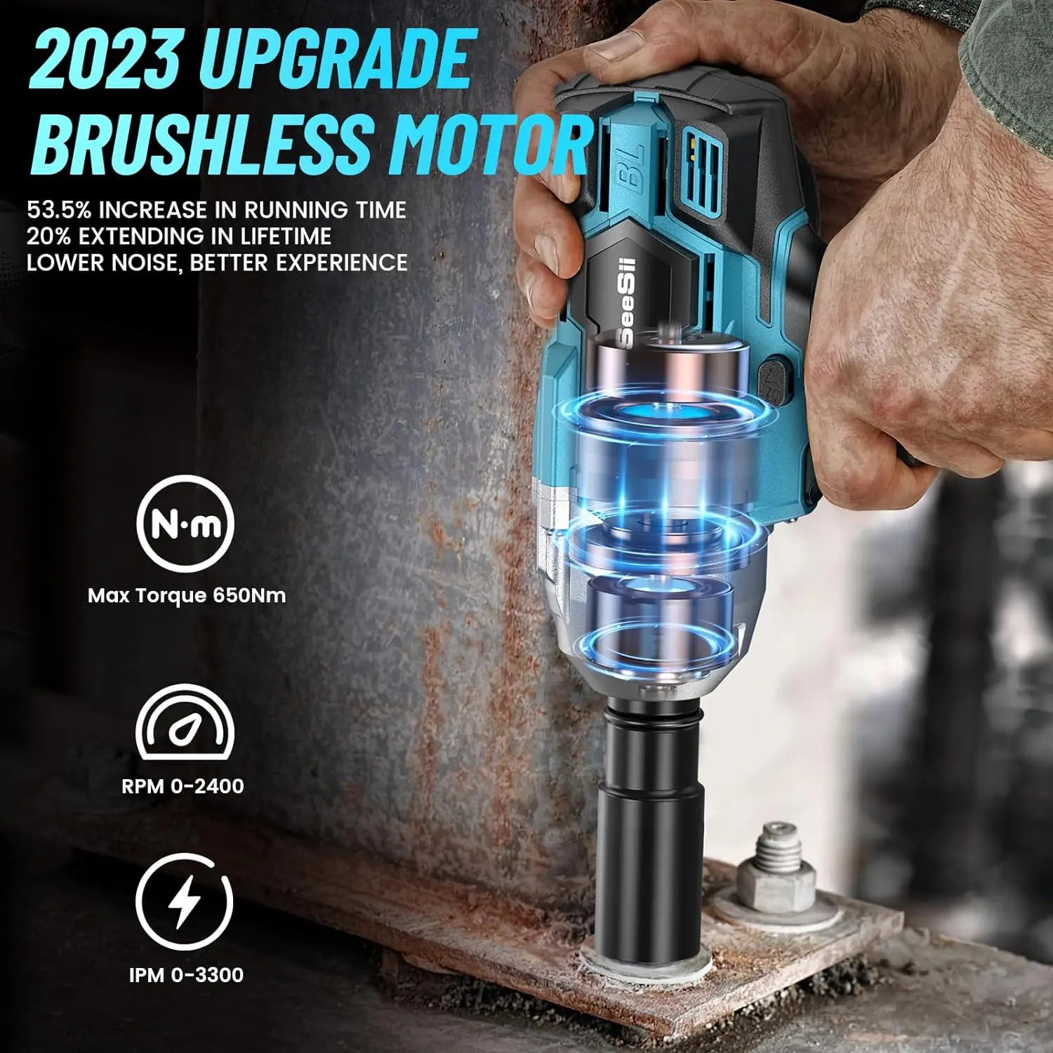 Seesii WH700 Brushless Impact Gun Max High Torque 650Nm w/ 2x 4.0Ah Electric Power Impact Driver 1/2 inch Cordless Impact Wrench