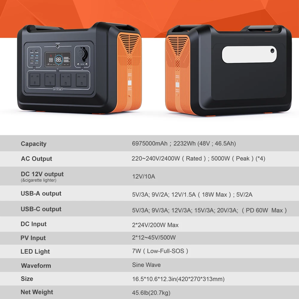 Original Factory Tragbare Kraftwerk Outdoor LiFePO4 Battery Portable Power Station Solar Generator 240V Centrale Elettric 2400W