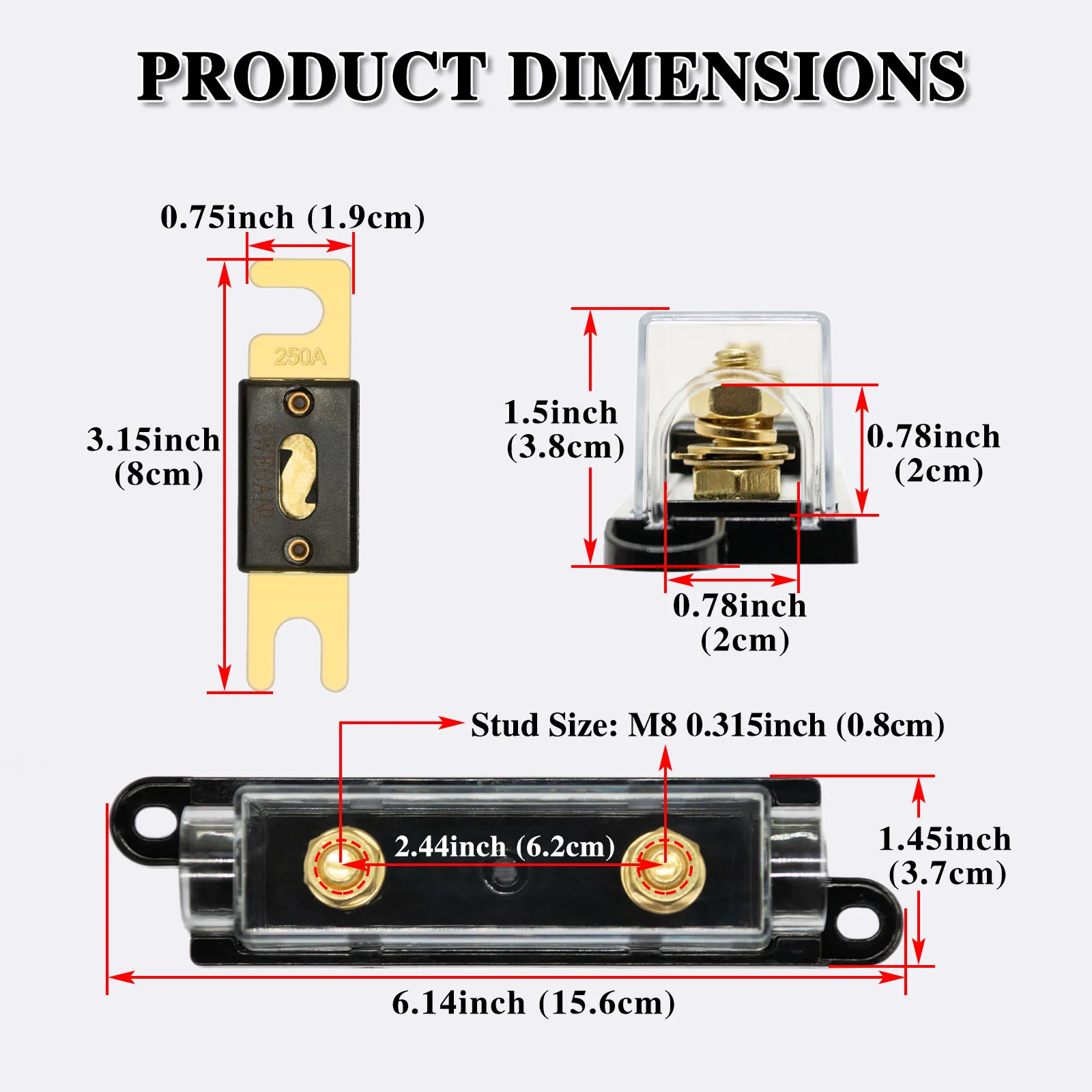 250a 32vdc Imitation Gold Plating Midi Double Bus Bar Fuse Holder Block Transparent Base Anl Fuse Holder