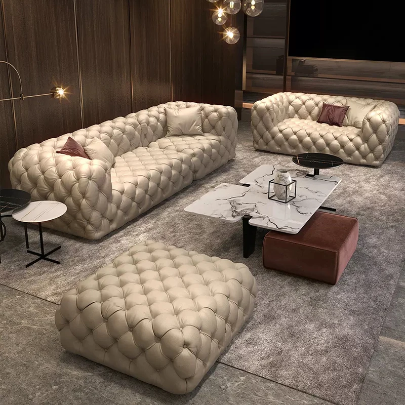 Italian Leather Sofas Sectional Button Tufted Chesterfield U Shape Modular Sofa Luxury Living Room Furniture