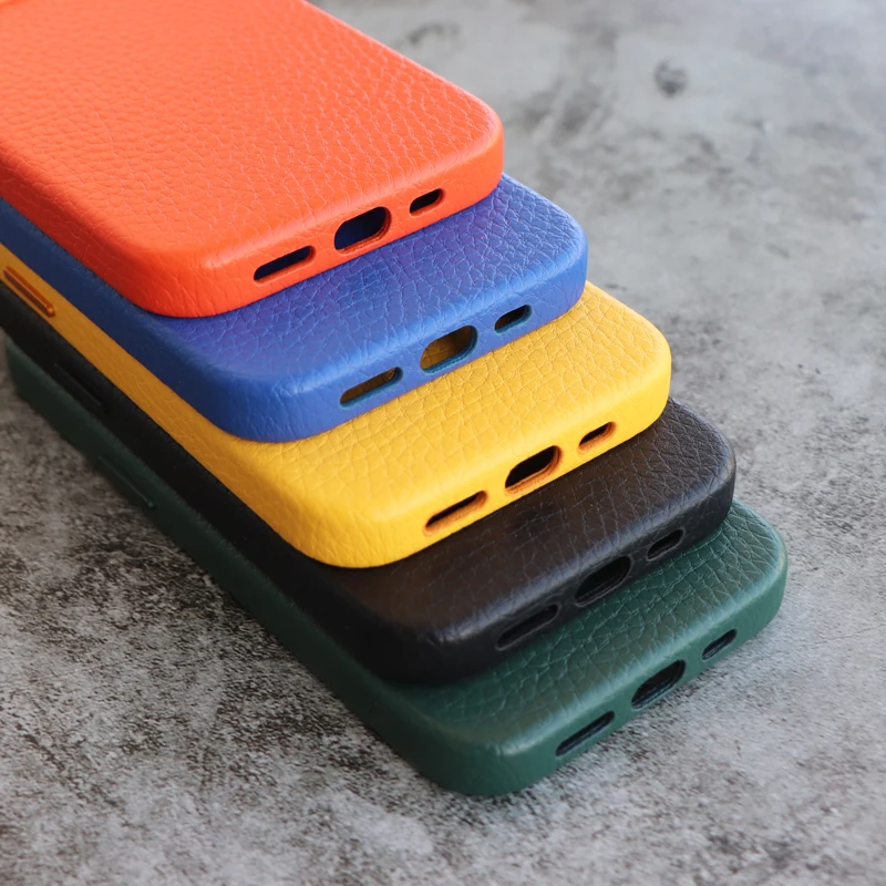 wholesale cheap shockproof retro design custom logo Pebble Grain Genuine Leather Real cell Leather Phone Case