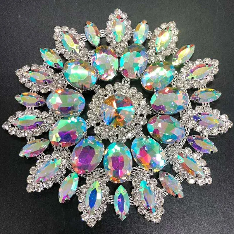 Big Crystal Brooch Sewing Stones Applique Sew On clear Glass Rhinestone Flowers For Dress Shoes Jewelry Crafts