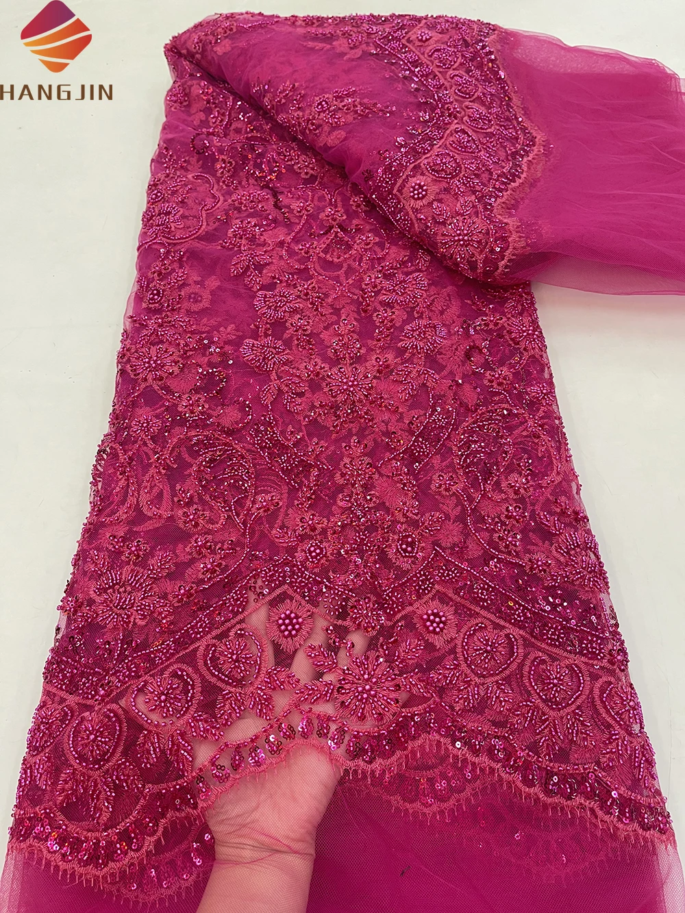 Luxury Sequins Tulle Net Lace Fabric Nigerian Beads Pearl Embroidery Hand Beaded Lace For Party