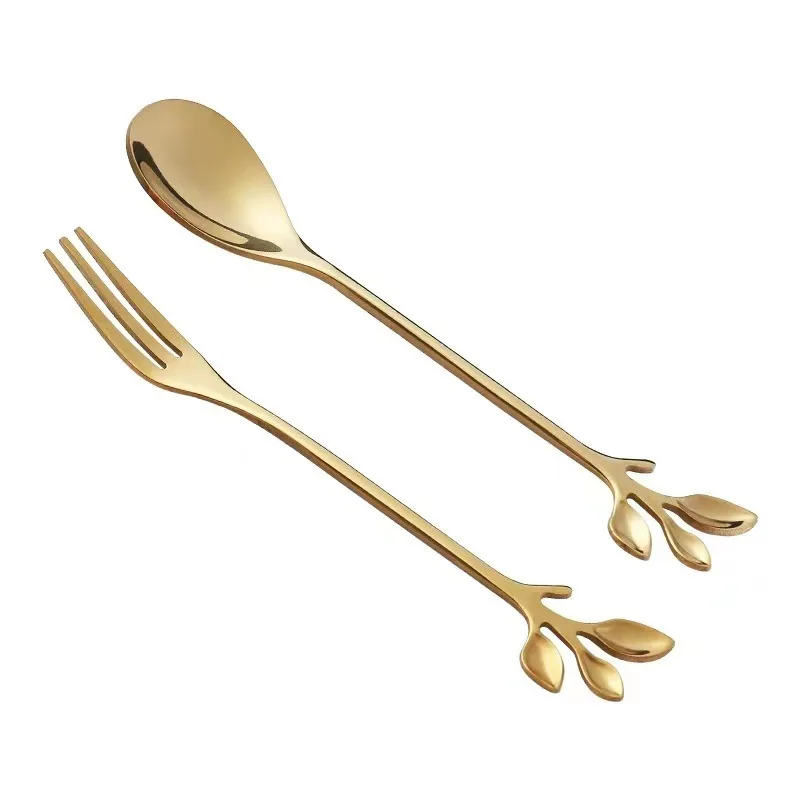 Factory Direct Sale Stainless Steel Leaves Spoon Fork Stirring Coffee Spoon Three Teeth Fruit Fork Gift Box with Golden Spoon