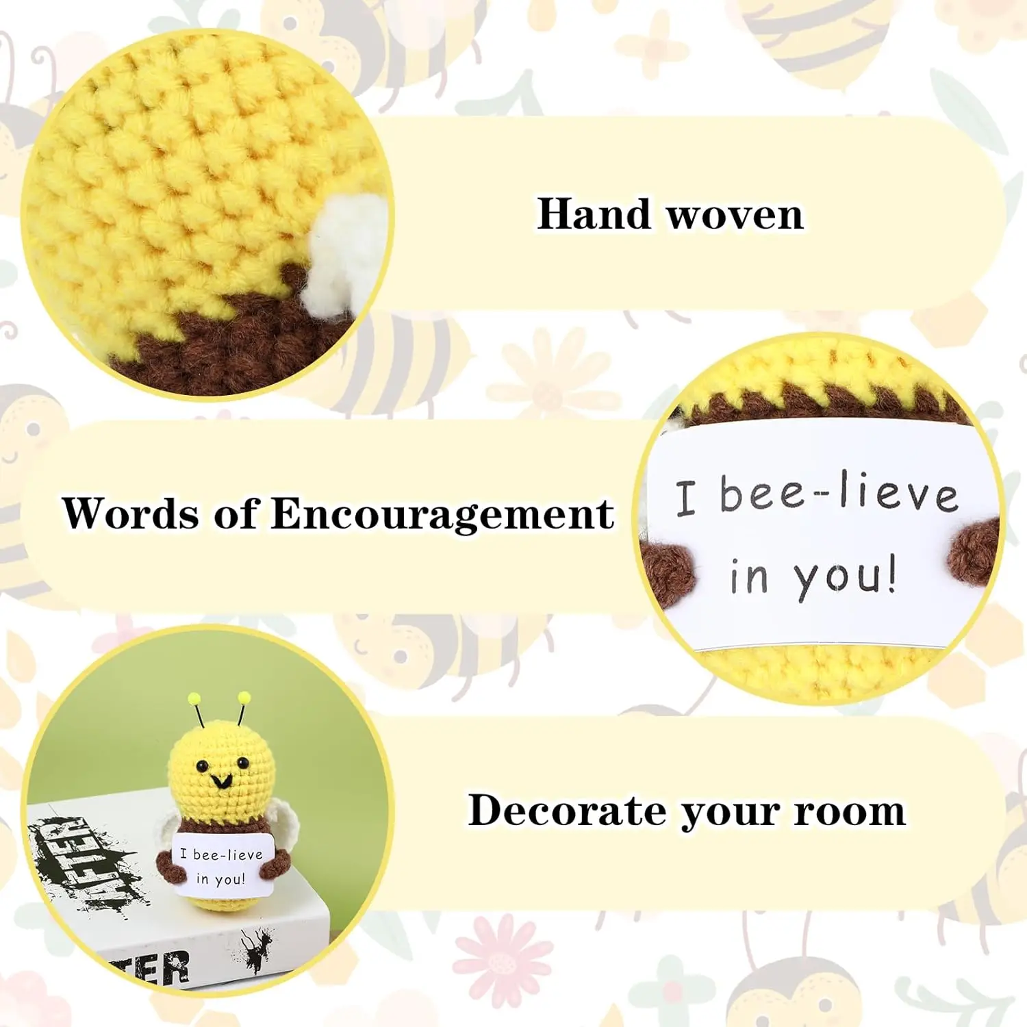 4 Inch Positive Bee Crochet Cute Wool Funny Knitted Positive Bee I Bee-lieve in You Doll Gifts for Birthday Friends Part