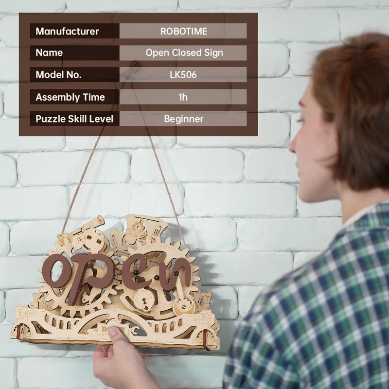 Robotime Rokr Contraption Mechanical Models LK506 DIY Handmade Assembled Open Closed Sign 3D Wooden Puzzles