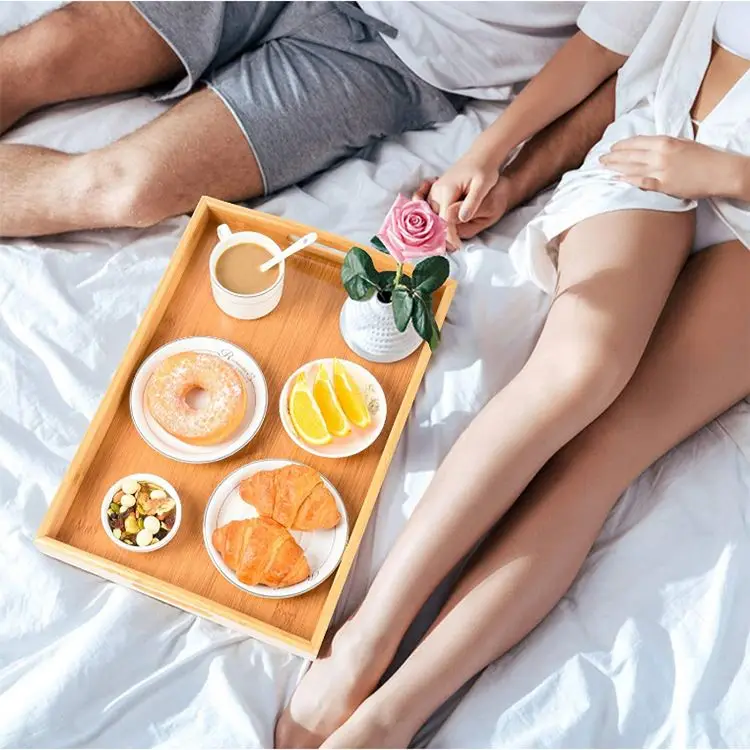 Set of 3 pieces natural bamboo and wood desktop display multi-purpose food tea bar rectangle wooden tray