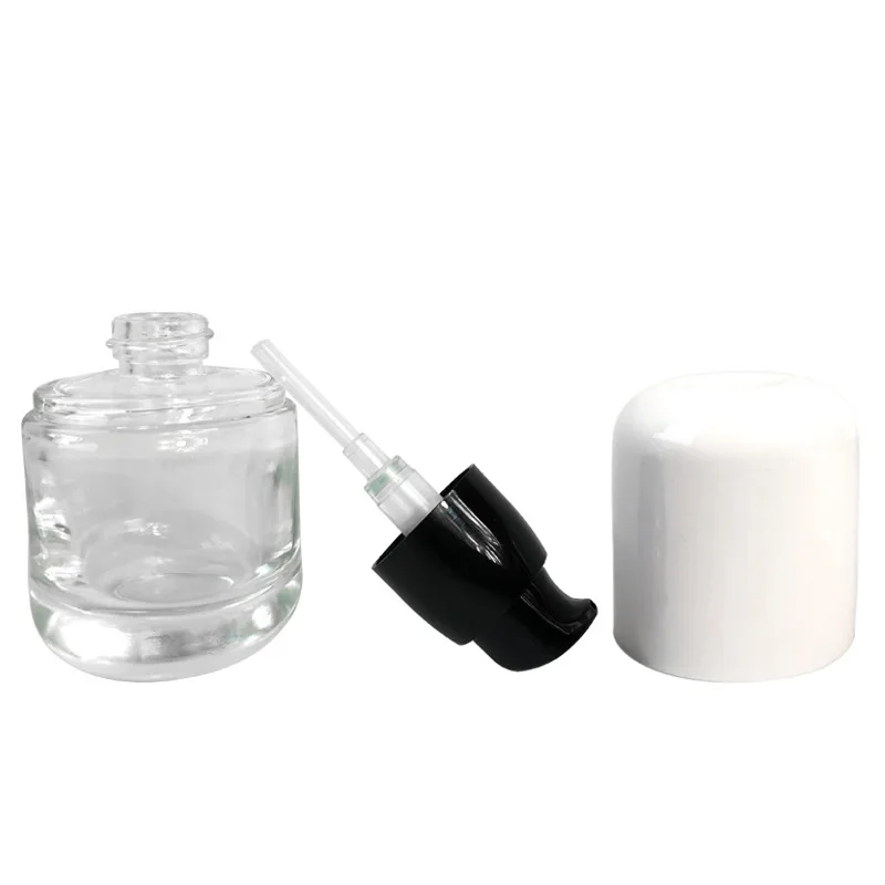 Wholesale 30ml White Black Cap Empty Pump Cosmetic Glass Capsule Clear Lotion Bottle