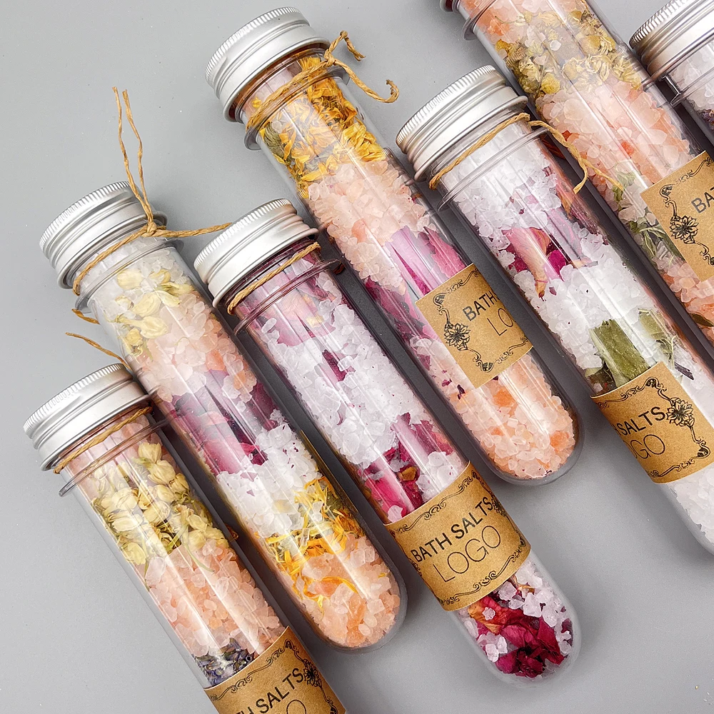Handcrafted PET/Glass Test Tube Set Natural Himalayan Pink Epsom Bath Salts Rose Scent Body Relaxation Option Mineral Ingredient