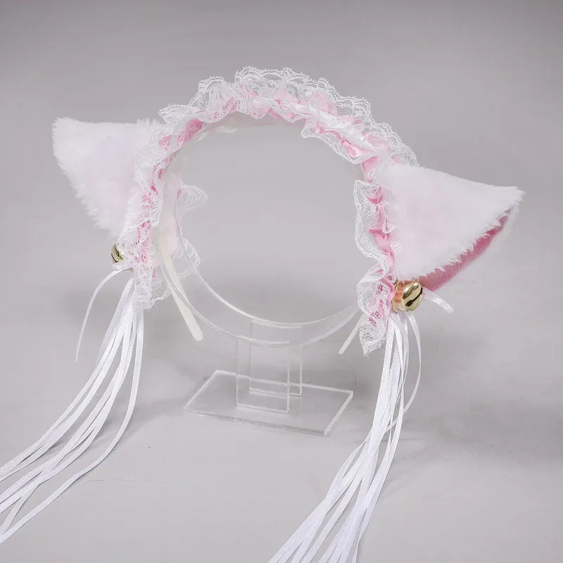 Gothic Lolita Maid Women Girl Ruffles Lace Headband Plush Cat Ears Ribbon Bell Anime Lolita Cosplay Hair Hoop
