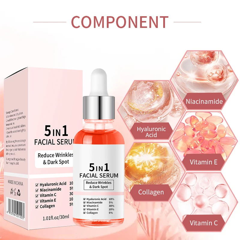 Private Label 5-in-1 Brightening Hyaluronic Acid Vitamins C & E Instant Boost Anti-Aging Peptide Collagen Facial Serum