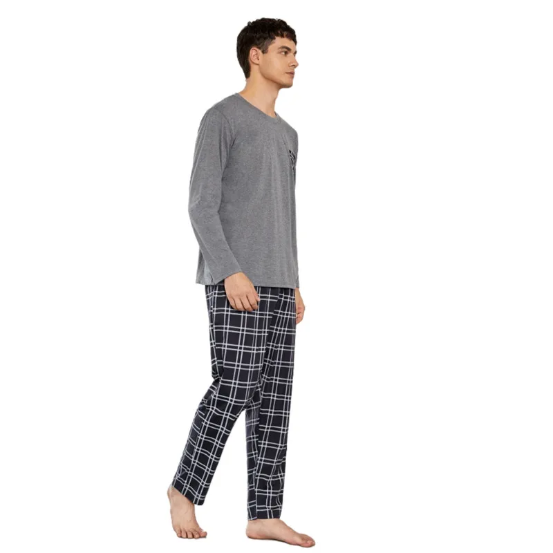 Wholesale  Loungewear Plaid Pants And Solid Tops Pajama Sets Knit Breathable Pyjama Cotton Men Pjs