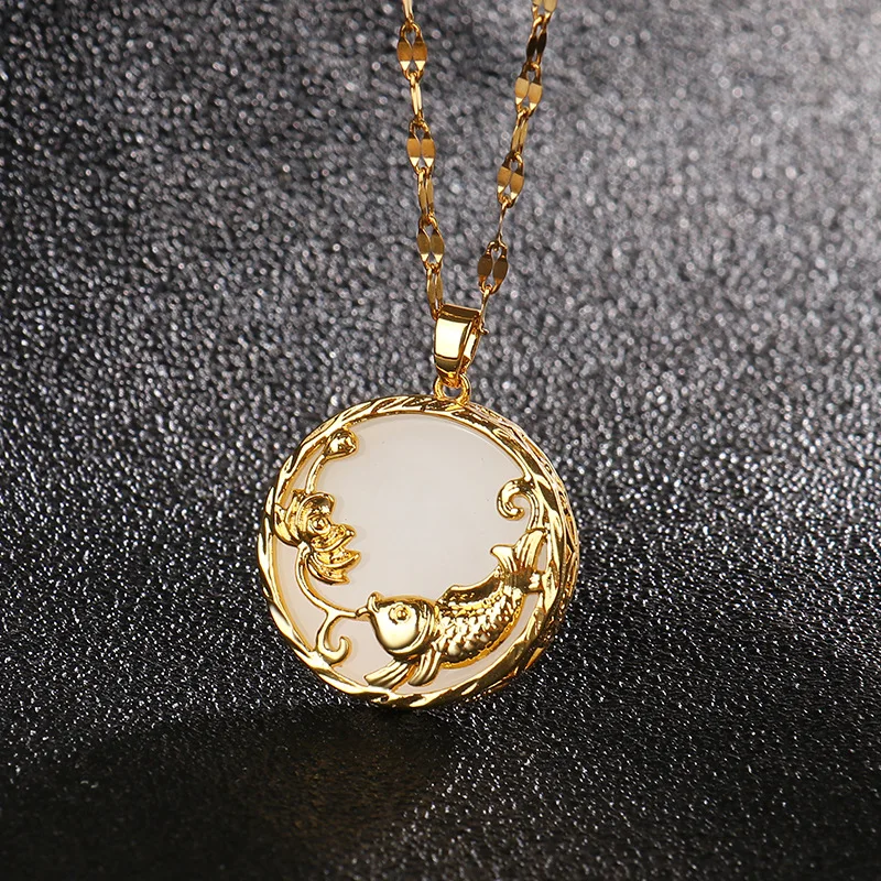 NUORO Fashion 18K Gold Plated Stainless Steel Chain Necklace Chinese Style Jewelry Round Green White Gemstone Jade Necklace