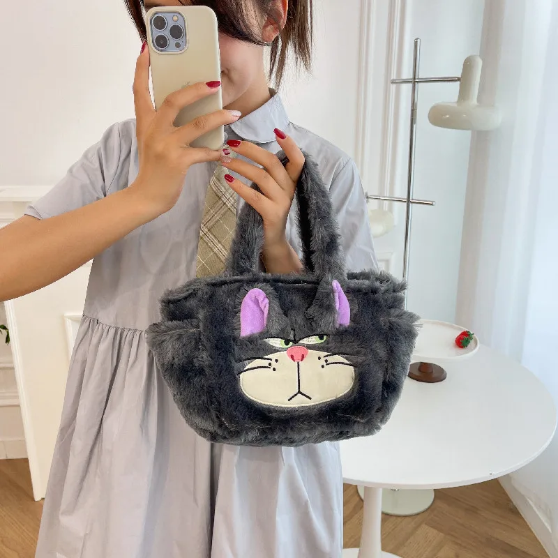2024 New Cute Stitch Lucifer Cat Design Lunch Bucket Bag Girly Heart Plush Handbag Kids Satchel with Rice to Go