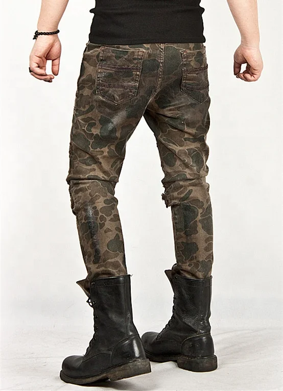 Hardcore Vintage Wax Coated Camouflage Slim Biker Jeans Stylish Jeans